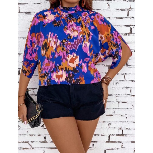 SHEIN VCAY Plus Allover Print Mock Neck Blouse floral and royal blue 2X - Picture 4 of 7